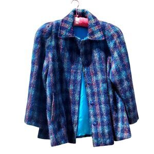 Vintage 1980s Mohair Blue Tweed Plaid Car Coat Plus Size Volup Jacket 22